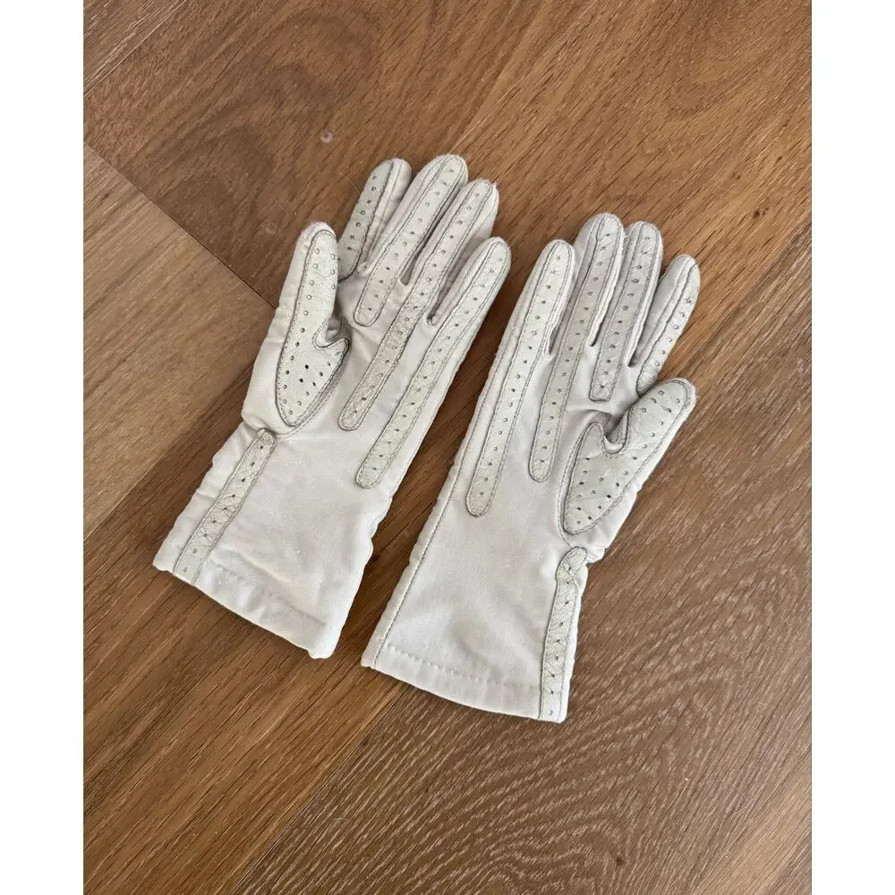Vintage 80s Isotoner Beige Bone Leather Driving Gloves